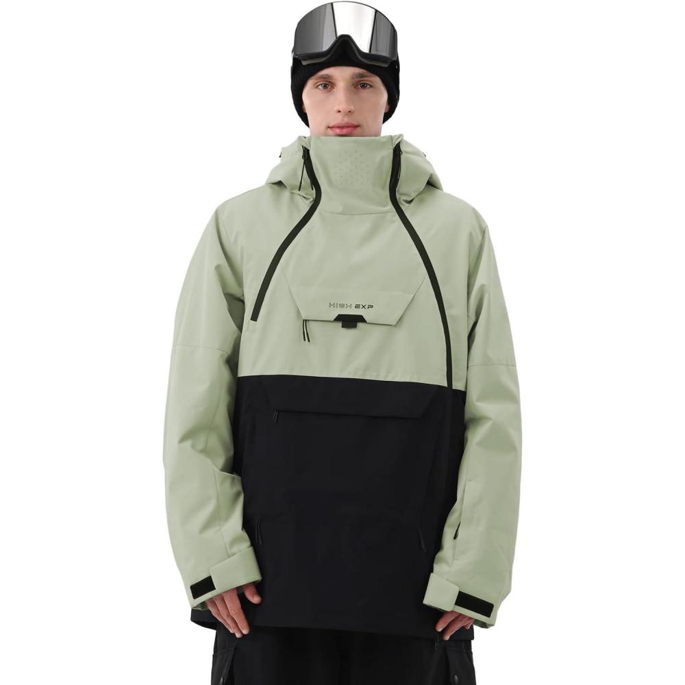 imageMens Ski Jacket 3L Snowboard Anorak Coat Baggy Snow Pullover Hooded Waterproof Windproof Insulated WinterMatcha Green Black