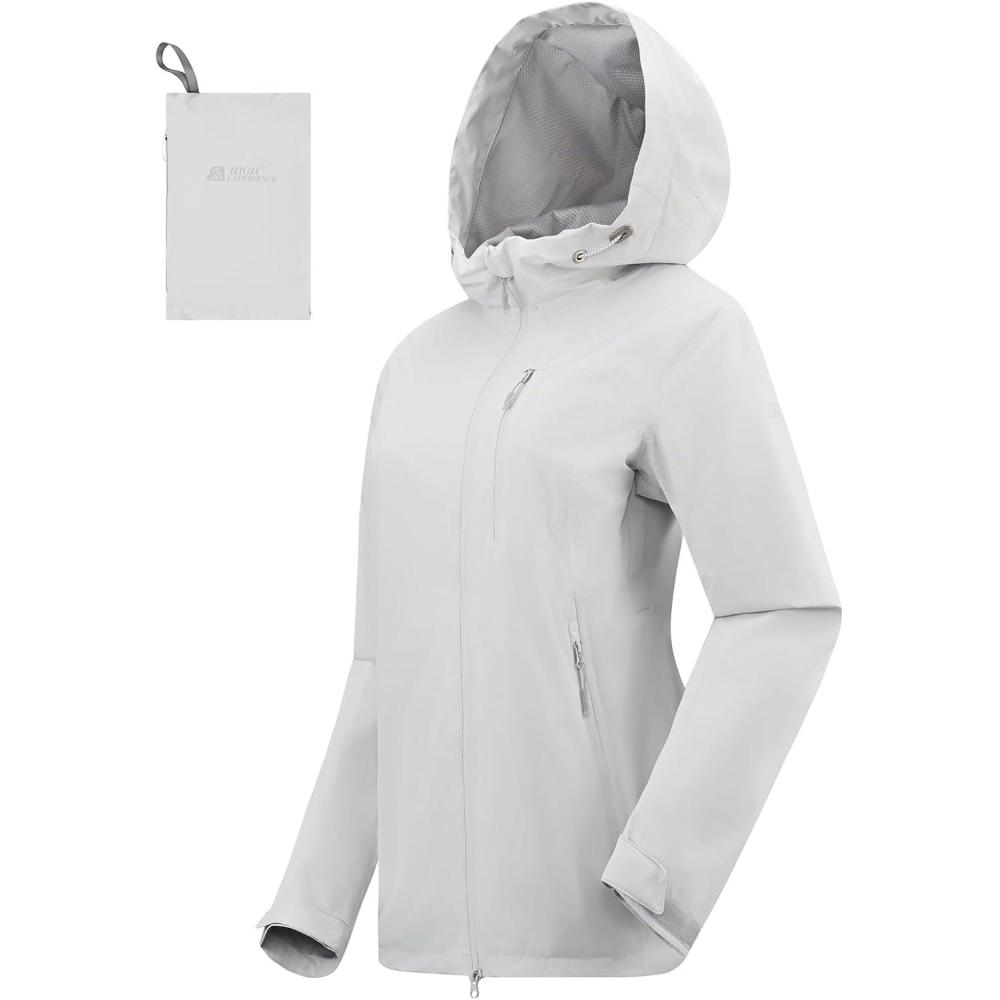 imageRain Jacket Women Packable Lightweight Waterproof Raincoat with Hood Coat Hiking Cycling Travel WindbreakerGrey White