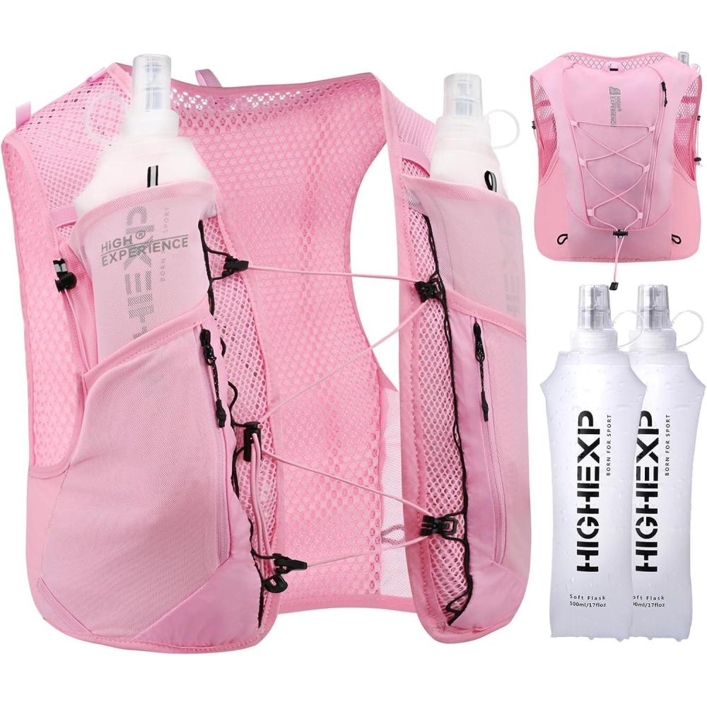 imageRunning Vest Lightweight 4L Trail Hydration Backpack Pack with 2 17oz Soft Flask Jogging Marathon Cycling Hiking for Women MenPink