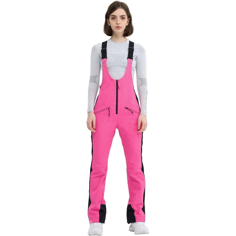 imageSki Bib Pants for Women Snow Skinny Overalls Soft Shell Slim Fit Fitted Snowboard Suspenders Waterproof WarmHot Pink