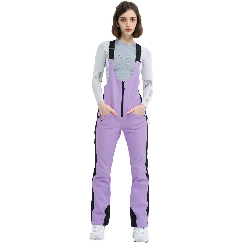 imageSki Bib Pants for Women Snow Skinny Overalls Soft Shell Slim Fit Fitted Snowboard Suspenders Waterproof WarmLight Purple