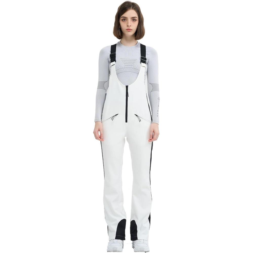 imageSki Bib Pants for Women Snow Skinny Overalls Soft Shell Slim Fit Fitted Snowboard Suspenders Waterproof WarmWhite