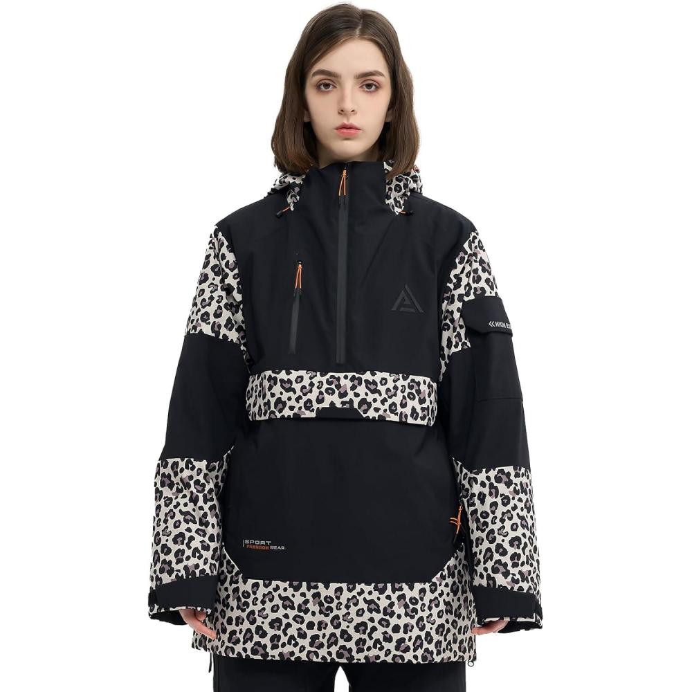 imageSki Jacket Snowboard Anorak Coat Pullover Baggy Snow Hooded Insulated Hoodie Waterproof Warm for Women MenBlack Leopard Print