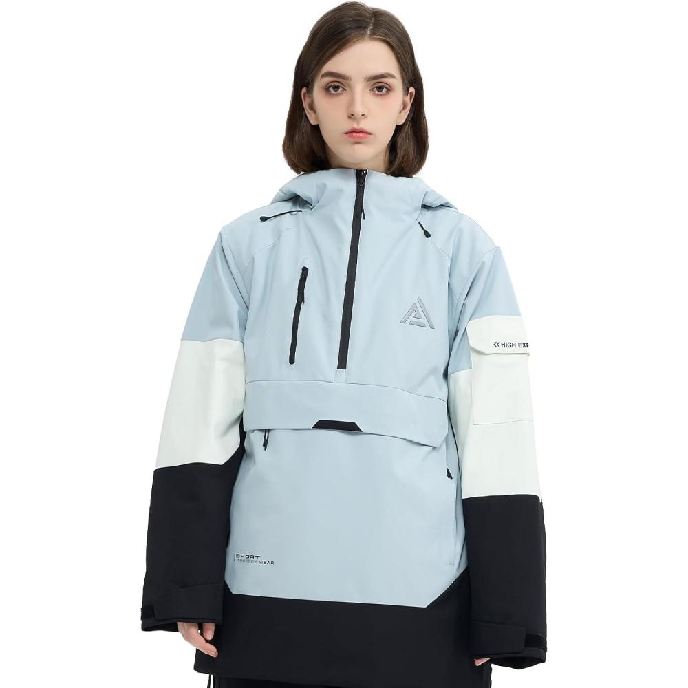 imageSki Jacket Snowboard Anorak Coat Pullover Baggy Snow Hooded Insulated Hoodie Waterproof Warm for Women MenBlackblue