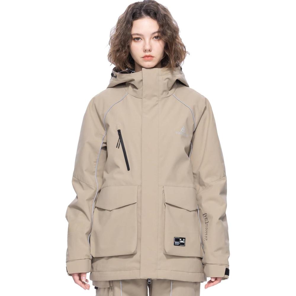 imageSki Jacket Snowboard Coat Snow Winter Waterproof Insulated Windproof Baggy Warm Hooded Jacket for Men WomenLight Khaki