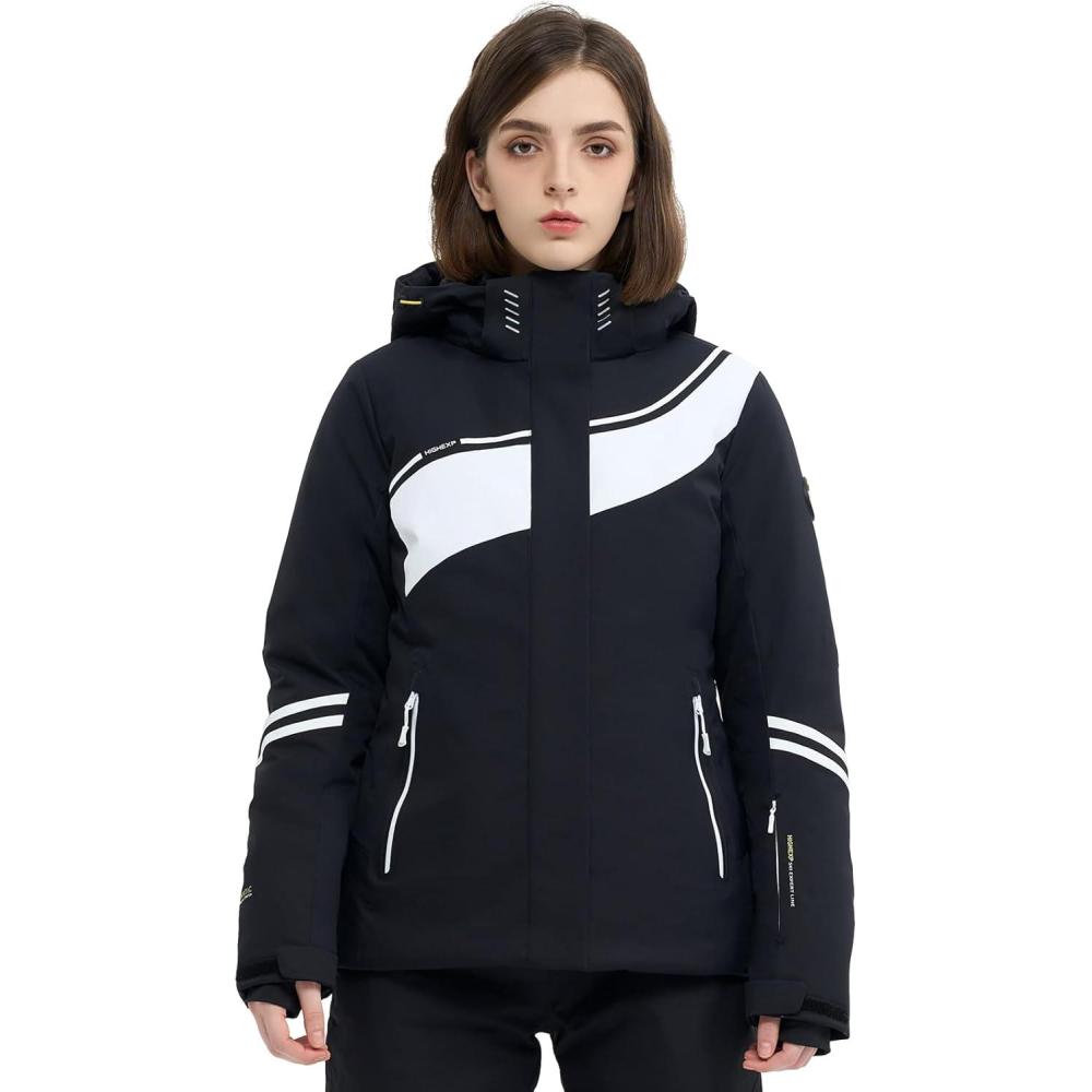 imageSki Jacket Women Snowboard Coat Fitted Slim Fit Snow Short Windproof Waterproof Insulated Warm Removable HoodBlack