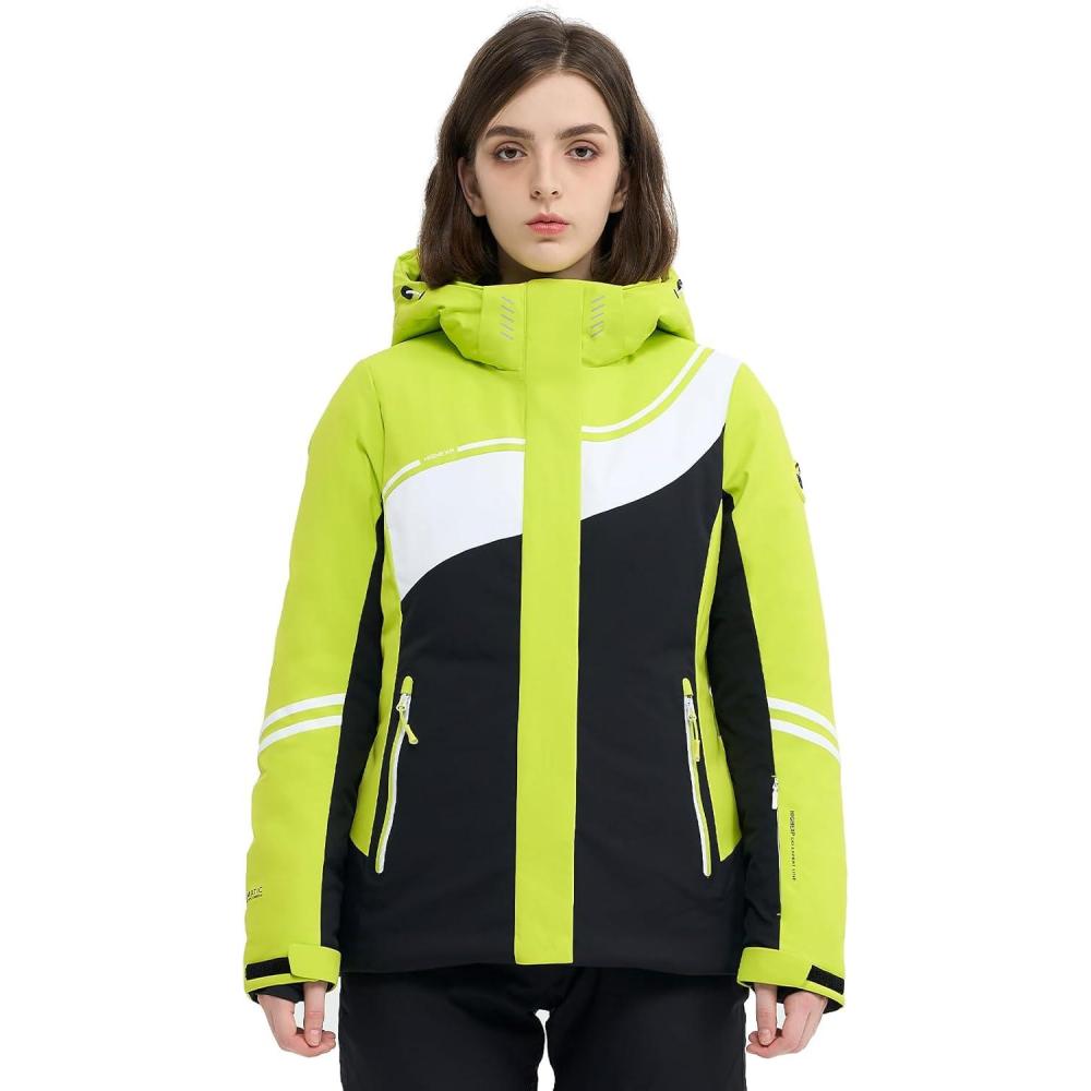 imageSki Jacket Women Snowboard Coat Fitted Slim Fit Snow Short Windproof Waterproof Insulated Warm Removable HoodLemon Yellowblack