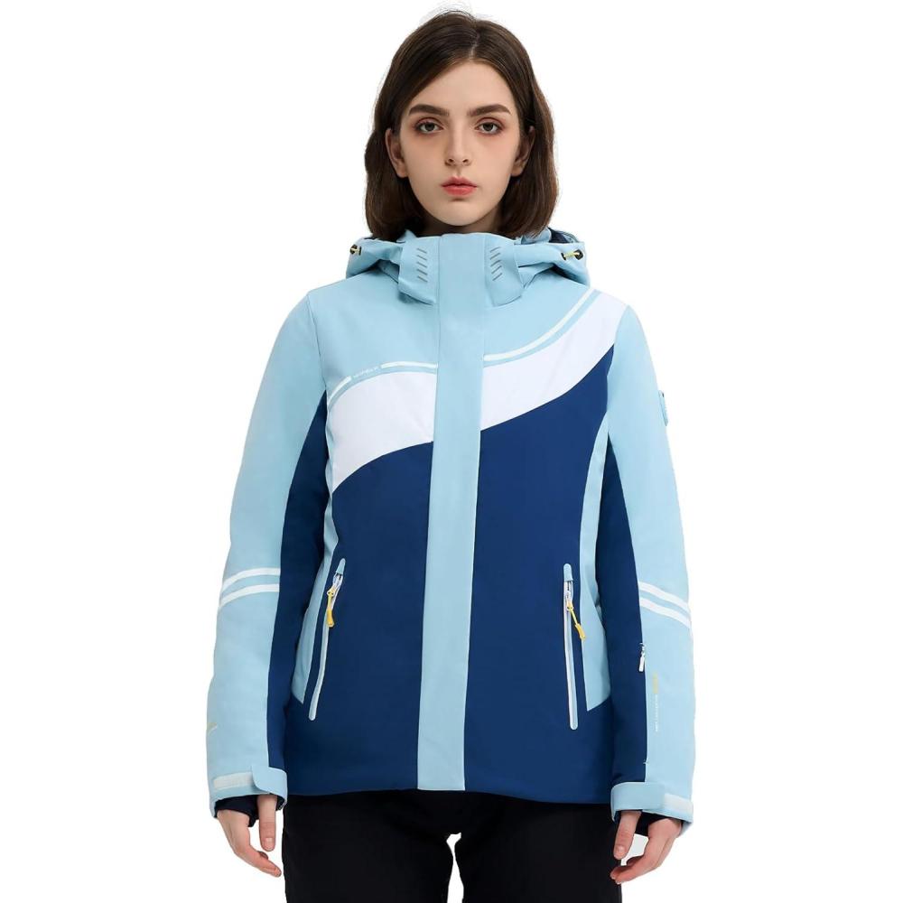 imageSki Jacket Women Snowboard Coat Fitted Slim Fit Snow Short Windproof Waterproof Insulated Warm Removable HoodLight Bluedark Blue