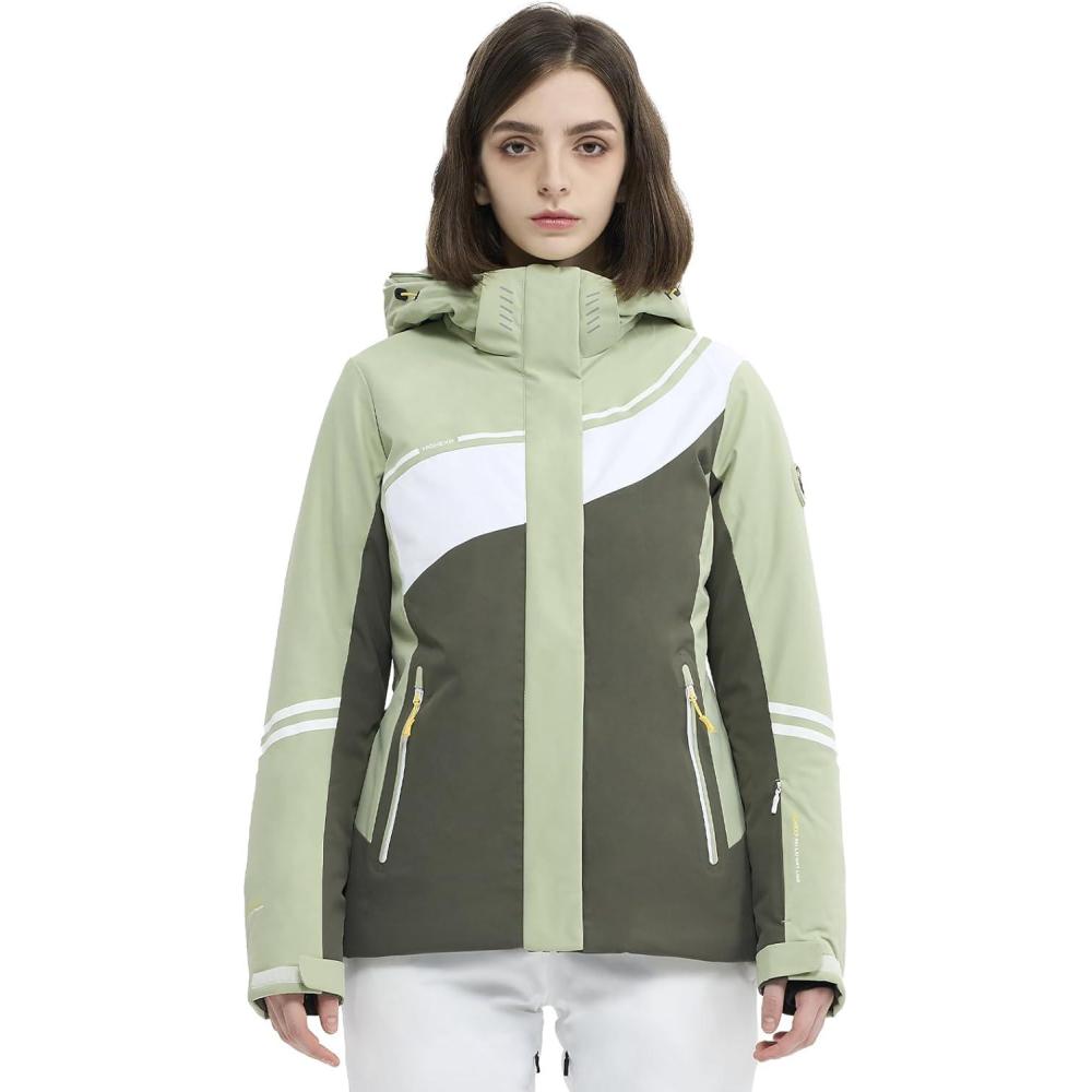 imageSki Jacket Women Snowboard Coat Fitted Slim Fit Snow Short Windproof Waterproof Insulated Warm Removable HoodLight Greendark Green