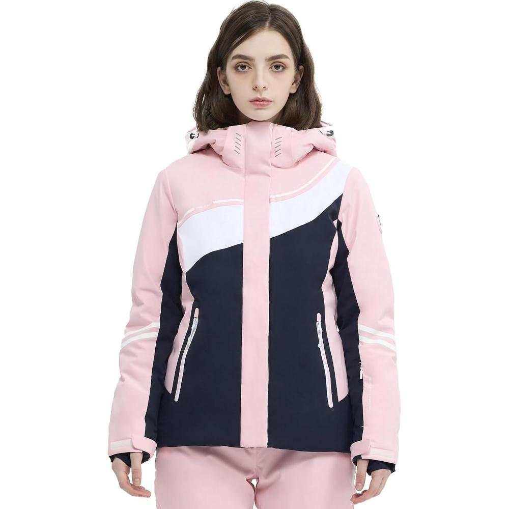 imageSki Jacket Women Snowboard Coat Fitted Slim Fit Snow Short Windproof Waterproof Insulated Warm Removable HoodLight Pinkdark Blue