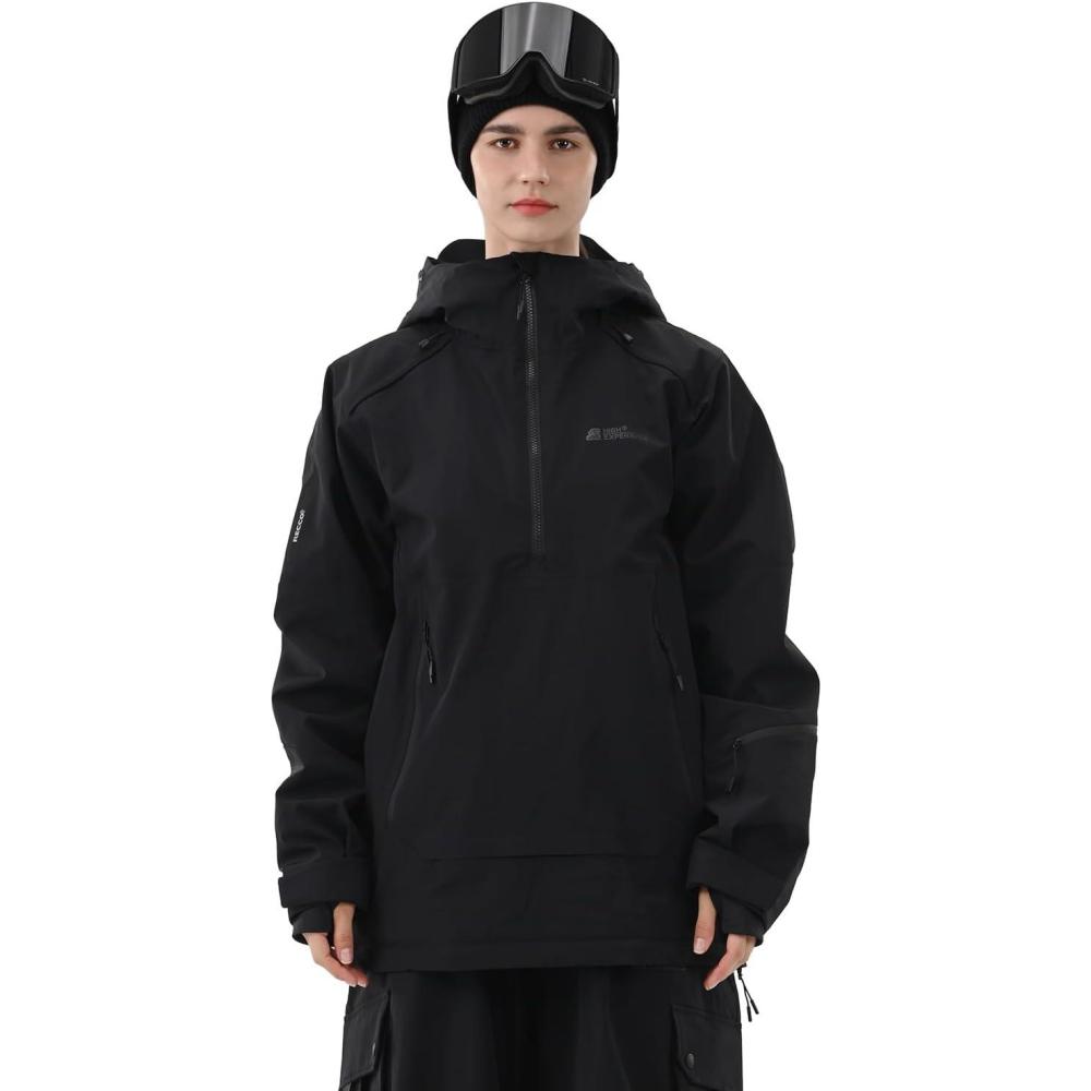 imageSki Jacket Women with Recco 3L Snowboard Anorak Pullover Baggy Coat Hooded Insulated Hoodie Waterproof WarmBlack