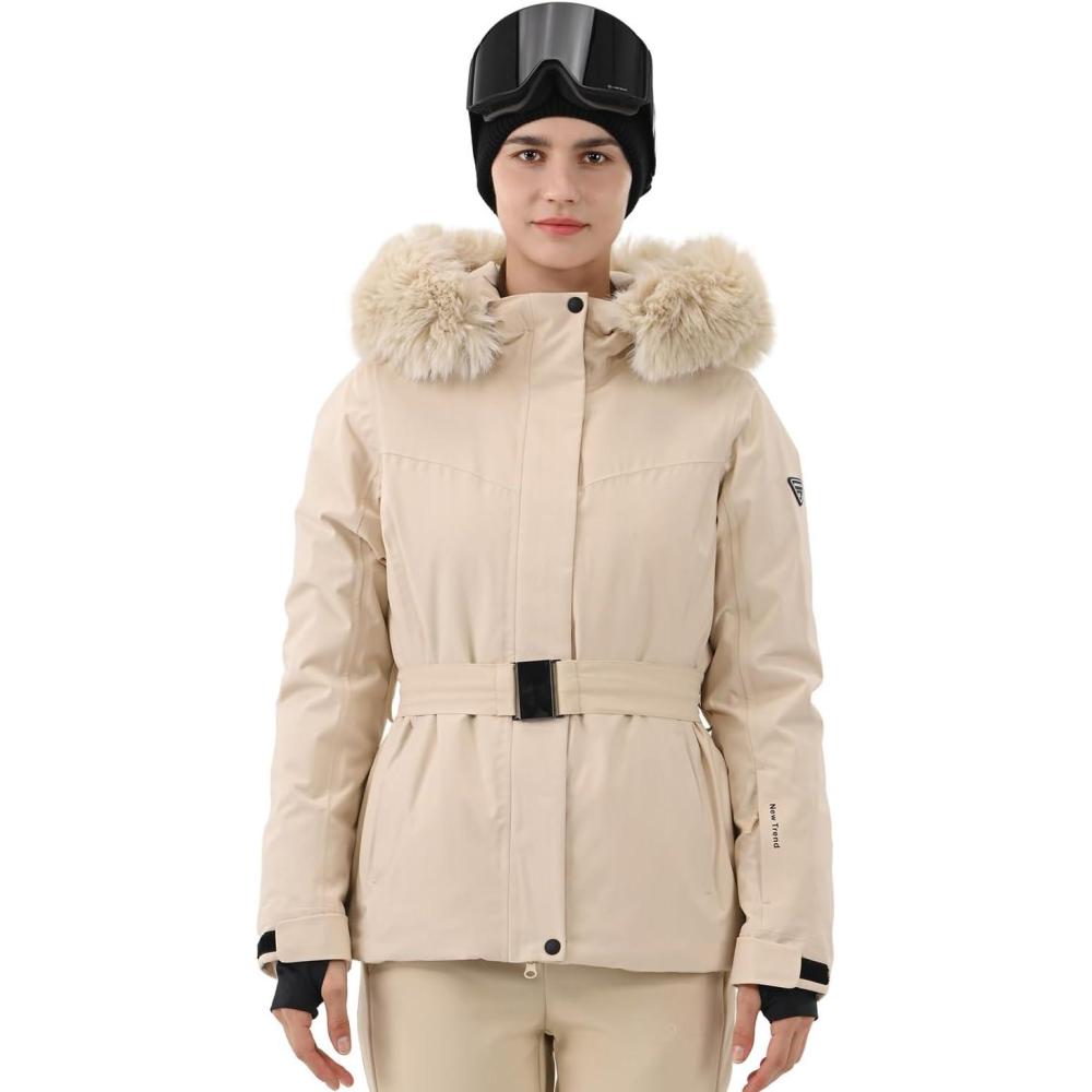 imageWomen Ski Jacket Snowboard Fitted Slim Belted Snow Coat Warm Winter Waterproof Windproof Insulated HoodedLight Khaki