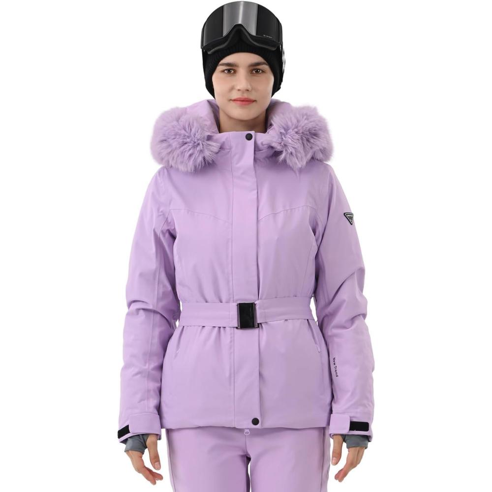 imageWomen Ski Jacket Snowboard Fitted Slim Belted Snow Coat Warm Winter Waterproof Windproof Insulated HoodedLight Purple