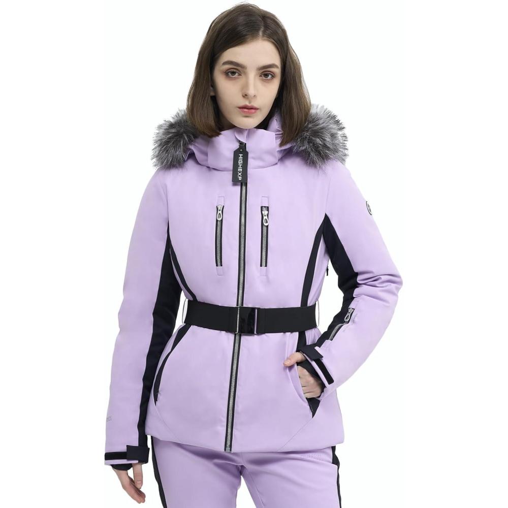 imageWomen Ski Jacket Snowboard Fitted Slim Fit Short Snow Coat Belted Mountain Waterproof Insulated Warm WinterLight Purple
