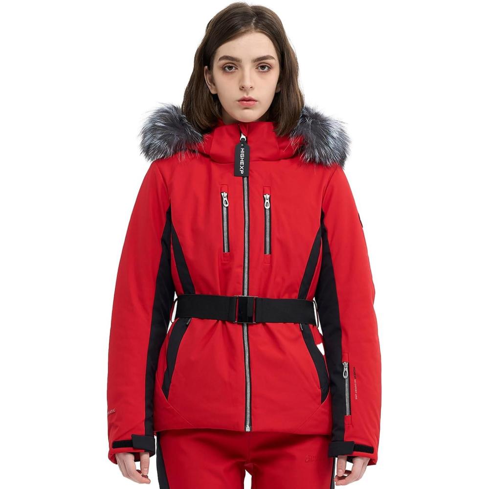 imageWomen Ski Jacket Snowboard Fitted Slim Fit Short Snow Coat Belted Mountain Waterproof Insulated Warm WinterRed