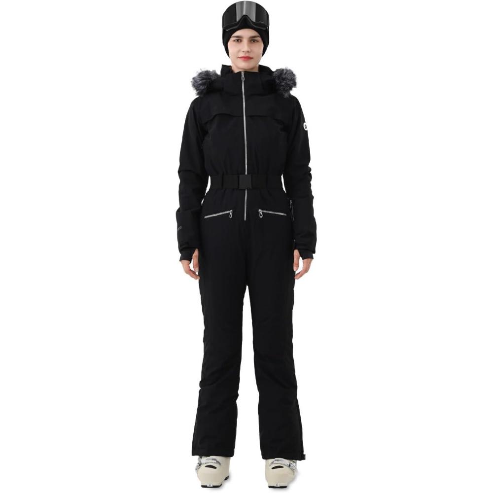 imageWomen Ski Suit One Piece Slim Snowsuit Snow Outfit Snowboard Onesie Waterproof Insulated Winter WarmBlack
