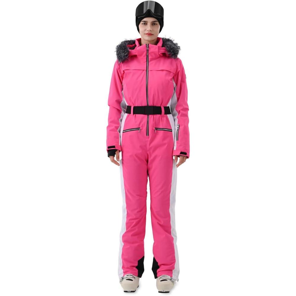 imageWomen Ski Suit One Piece Slim Snowsuit Snow Outfit Snowboard Onesie Waterproof Insulated Winter WarmHot Pink White