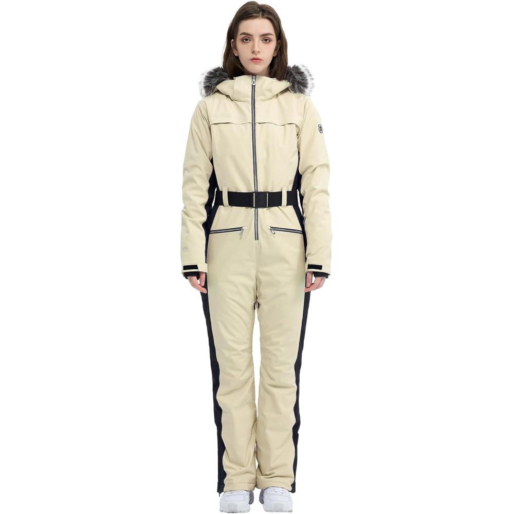 imageWomen Ski Suit One Piece Snow Jumpsuit Snow Stretchy Outfit Snowboard Onesie Insulated Waterproof Winter WarmLight Khaki