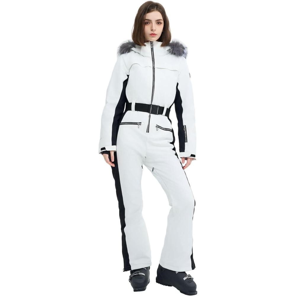 imageWomen Ski Suit One Piece Snow Jumpsuit Snow Stretchy Outfit Snowboard Onesie Insulated Waterproof Winter WarmWhite