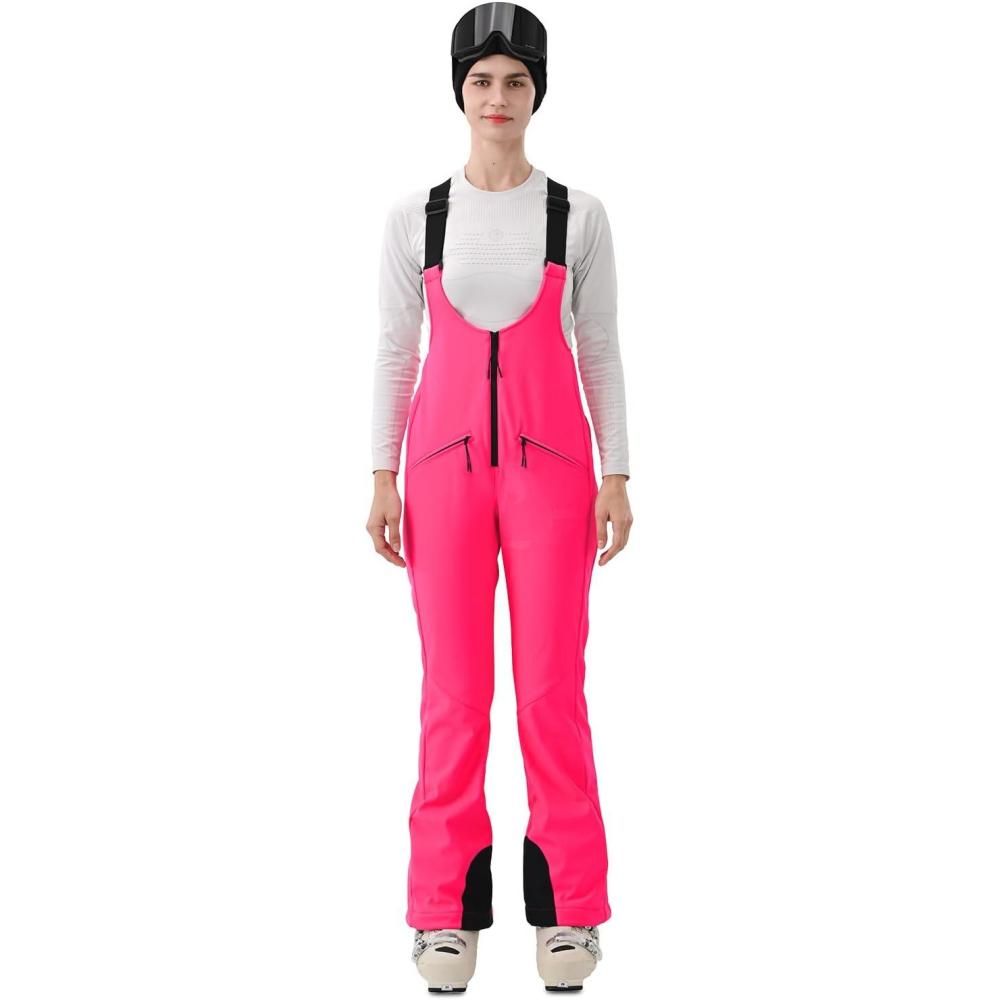 imageWomens Ski Bib Pants Skinny Soft Shell Snow Overalls Slim Fit Fitted Snowboard Insulated Waterproof WindproofHot Pink