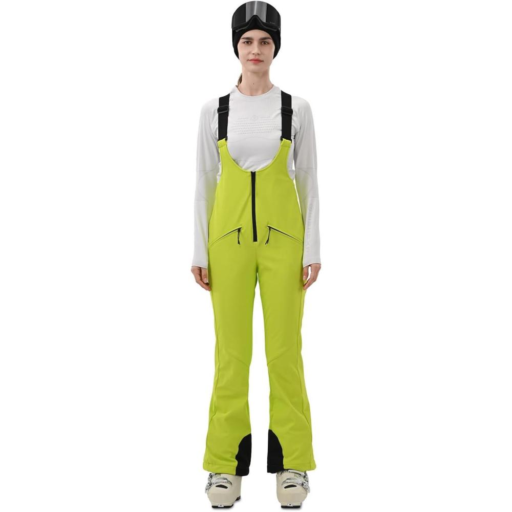 imageWomens Ski Bib Pants Skinny Soft Shell Snow Overalls Slim Fit Fitted Snowboard Insulated Waterproof WindproofLight Green