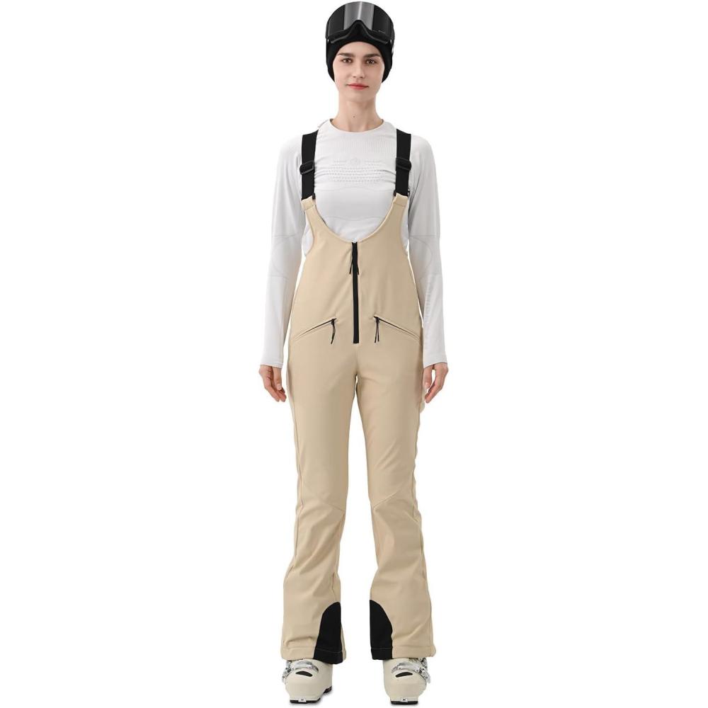 imageWomens Ski Bib Pants Skinny Soft Shell Snow Overalls Slim Fit Fitted Snowboard Insulated Waterproof WindproofLight Khaki