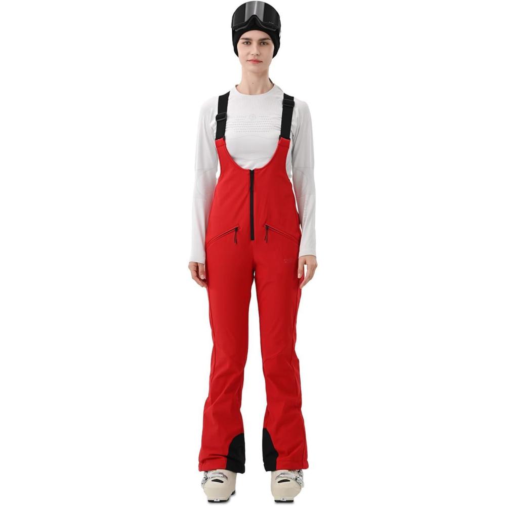 imageWomens Ski Bib Pants Skinny Soft Shell Snow Overalls Slim Fit Fitted Snowboard Insulated Waterproof WindproofRed