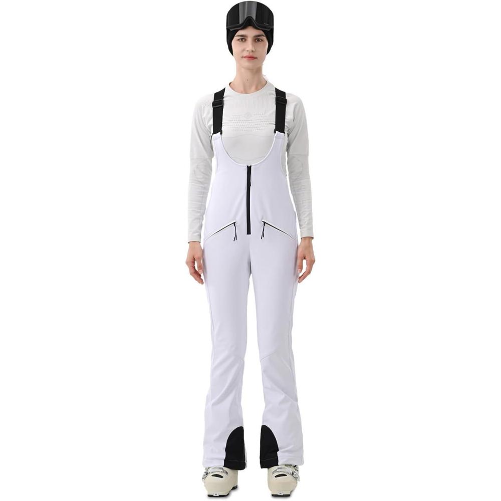 imageWomens Ski Bib Pants Skinny Soft Shell Snow Overalls Slim Fit Fitted Snowboard Insulated Waterproof WindproofWhite