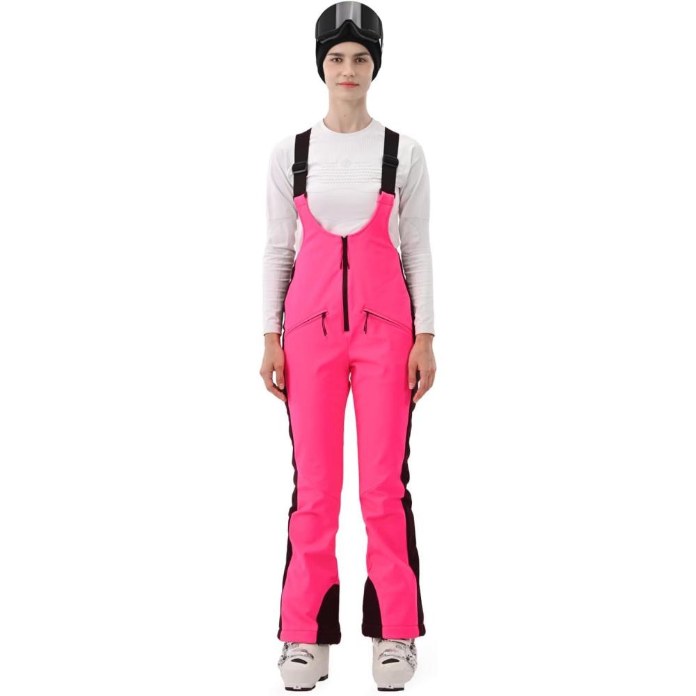 imageWomens Ski Bib Pants Slim Fit Soft Shell Snow Skinny Fitted Snowboard Insulated Waterproof Windproof WarmHot Pink