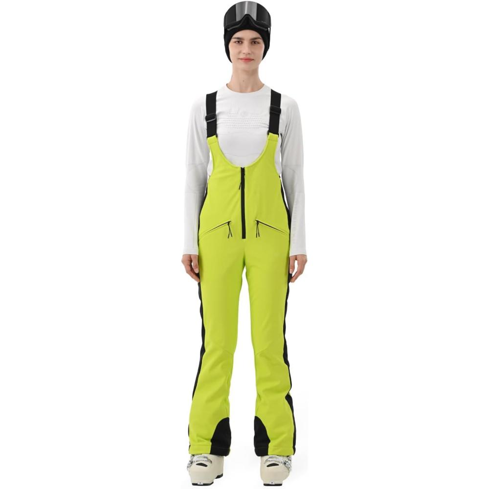 imageWomens Ski Bib Pants Slim Fit Soft Shell Snow Skinny Fitted Snowboard Insulated Waterproof Windproof WarmLight Green