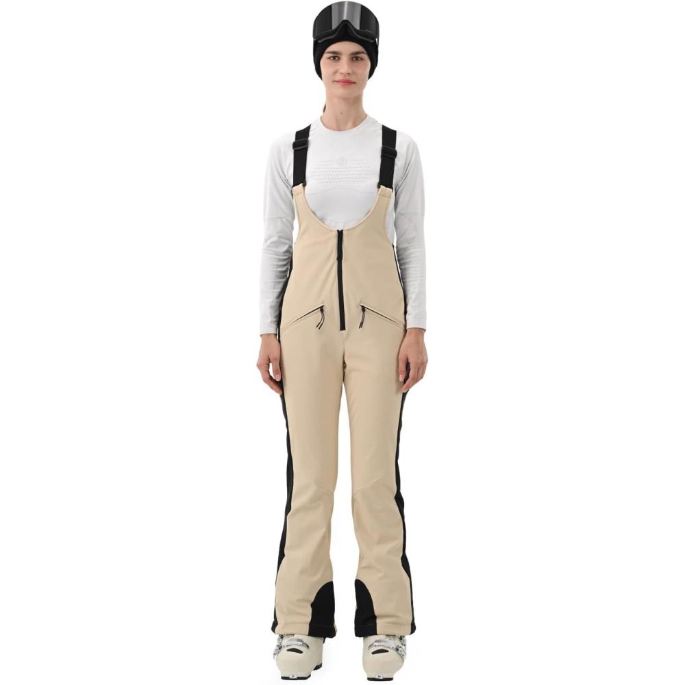 imageWomens Ski Bib Pants Slim Fit Soft Shell Snow Skinny Fitted Snowboard Insulated Waterproof Windproof WarmLight Khaki