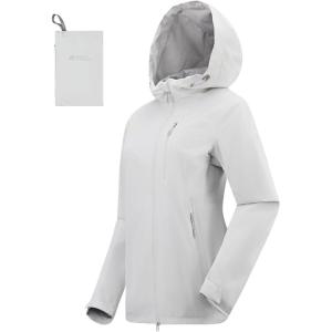Rain Jacket Women Packable Lightweight Waterproof Raincoat with Hood Coat Hiking Cycling Travel Windbreaker(Grey White)