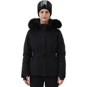 Women Ski Jacket Snowboard Fitted Slim Belted Snow Coat Warm Winter Waterproof Windproof Insulated Hooded(Black)