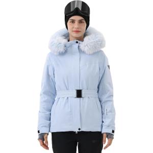 Women Ski Jacket Snowboard Fitted Slim Belted Snow Coat Warm Winter Waterproof Windproof Insulated Hooded(Light Blue)
