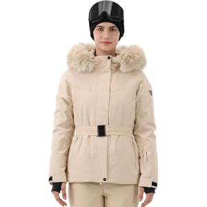Women Ski Jacket Snowboard Fitted Slim Belted Snow Coat Warm Winter Waterproof Windproof Insulated Hooded(Light Khaki)