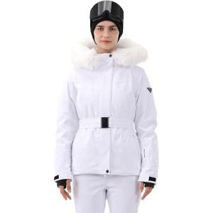 Women Ski Jacket Snowboard Fitted Slim Belted Snow Coat Warm Winter Waterproof Windproof Insulated Hooded(White)