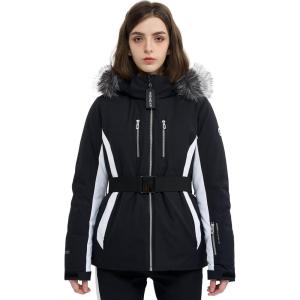 Women Ski Jacket Snowboard Fitted Slim Fit Short Snow Coat Belted Mountain Waterproof Insulated Warm Winter(Black)
