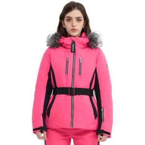 Women Ski Jacket Snowboard Fitted Slim Fit Short Snow Coat Belted Mountain Waterproof Insulated Warm Winter(Hot Pink)