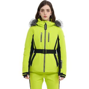 Women Ski Jacket Snowboard Fitted Slim Fit Short Snow Coat Belted Mountain Waterproof Insulated Warm Winter(Light Green)