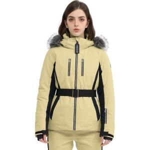 Women Ski Jacket Snowboard Fitted Slim Fit Short Snow Coat Belted Mountain Waterproof Insulated Warm Winter(Light Khaki)