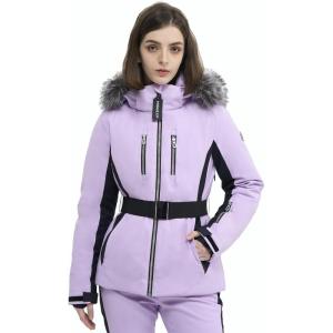 Women Ski Jacket Snowboard Fitted Slim Fit Short Snow Coat Belted Mountain Waterproof Insulated Warm Winter(Light Purple)