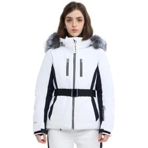 Women Ski Jacket Snowboard Fitted Slim Fit Short Snow Coat Belted Mountain Waterproof Insulated Warm Winter(White)