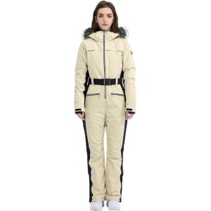 Women Ski Suit One Piece Snow Jumpsuit Snow Stretchy Outfit Snowboard Onesie Insulated Waterproof Winter Warm(Light Khaki)