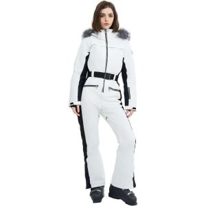 Women Ski Suit One Piece Snow Jumpsuit Snow Stretchy Outfit Snowboard Onesie Insulated Waterproof Winter Warm(White)
