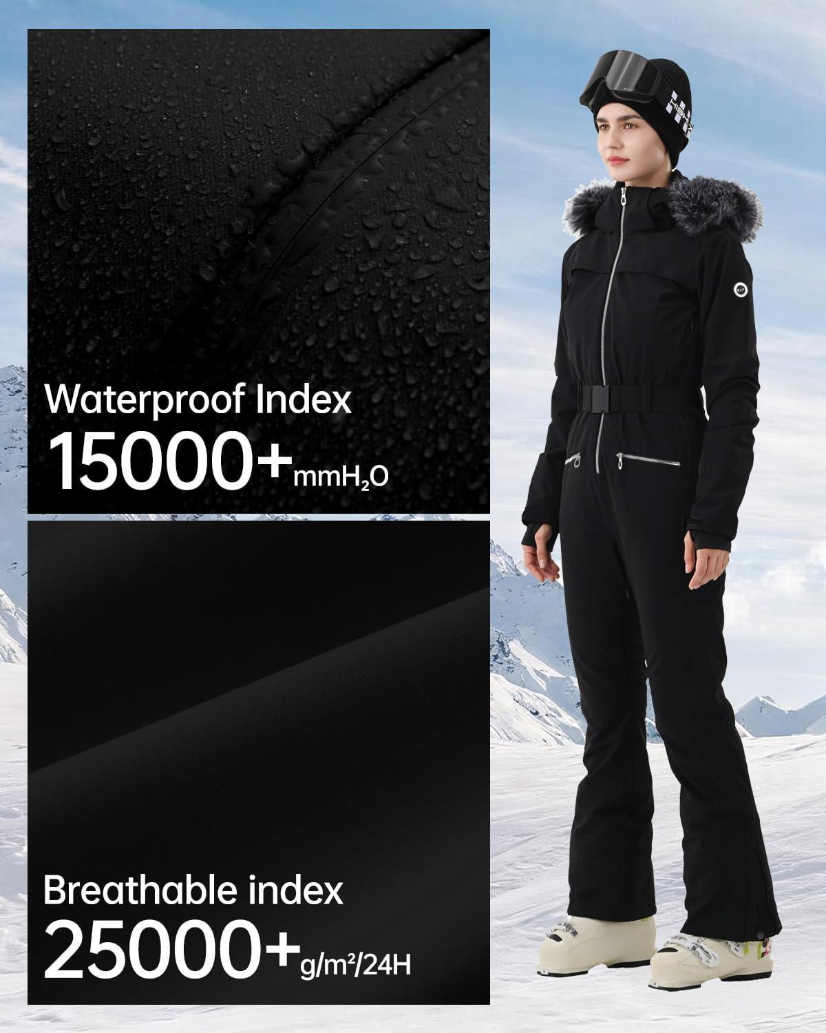 imageWomen Ski Suit One Piece Snow Jumpsuit Snow Stretchy Outfit Snowboard Onesie Insulated Waterproof Winter WarmAll Black