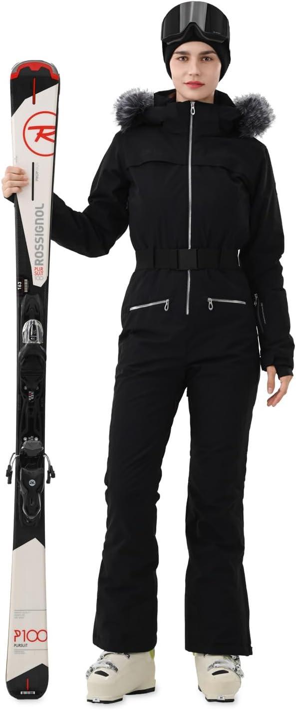 imageWomen Ski Suit One Piece Snow Jumpsuit Snow Stretchy Outfit Snowboard Onesie Insulated Waterproof Winter WarmAll Black
