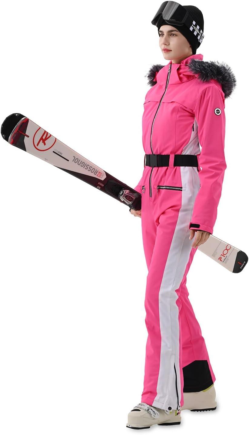 imageWomen Ski Suit One Piece Snow Jumpsuit Snow Stretchy Outfit Snowboard Onesie Insulated Waterproof Winter WarmPink White