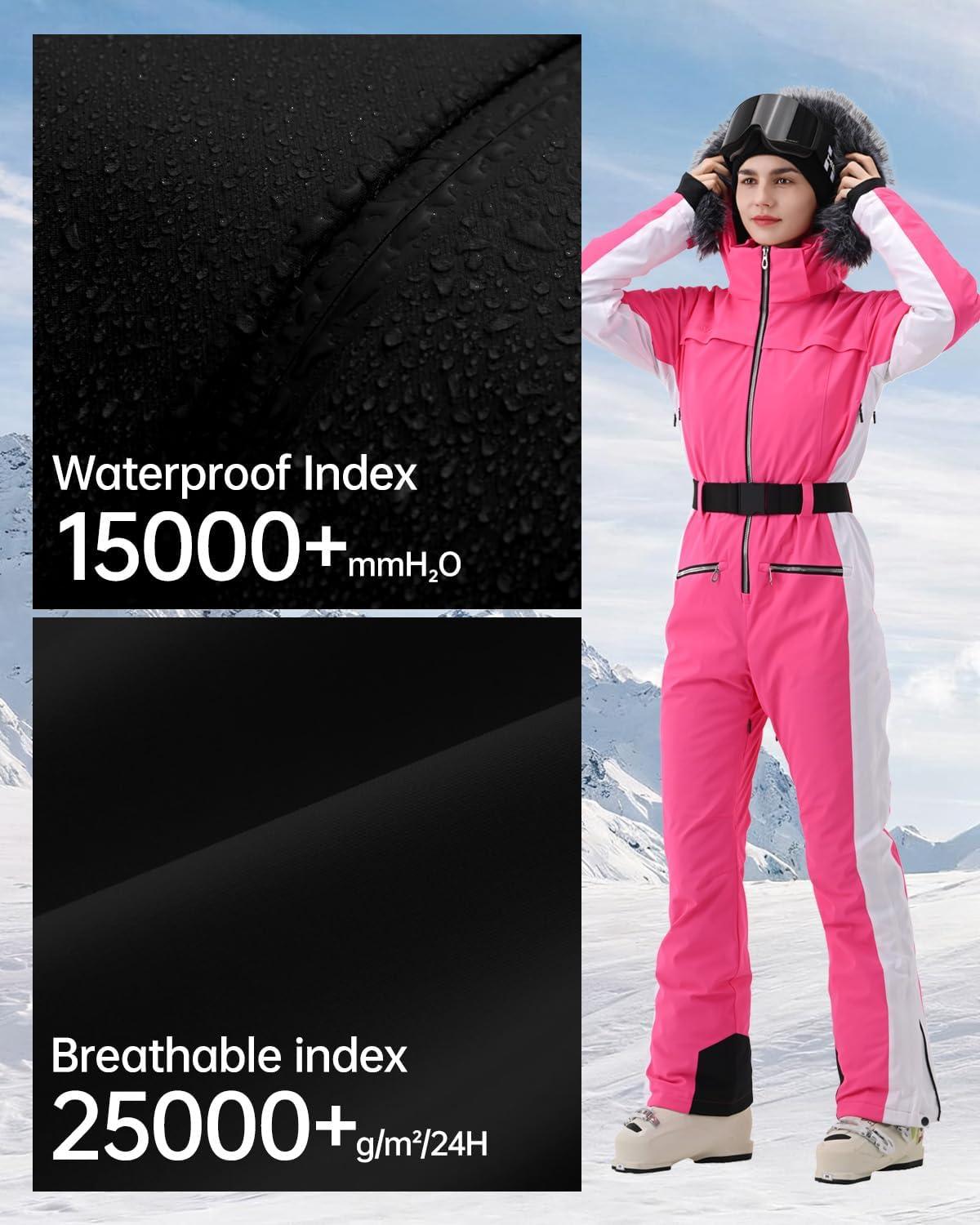 imageWomen Ski Suit One Piece Snow Jumpsuit Snow Stretchy Outfit Snowboard Onesie Insulated Waterproof Winter WarmPink White