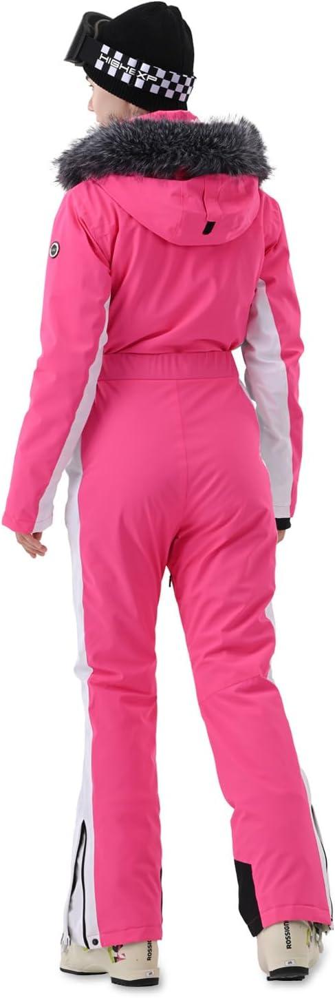 imageWomen Ski Suit One Piece Snow Jumpsuit Snow Stretchy Outfit Snowboard Onesie Insulated Waterproof Winter WarmPink White