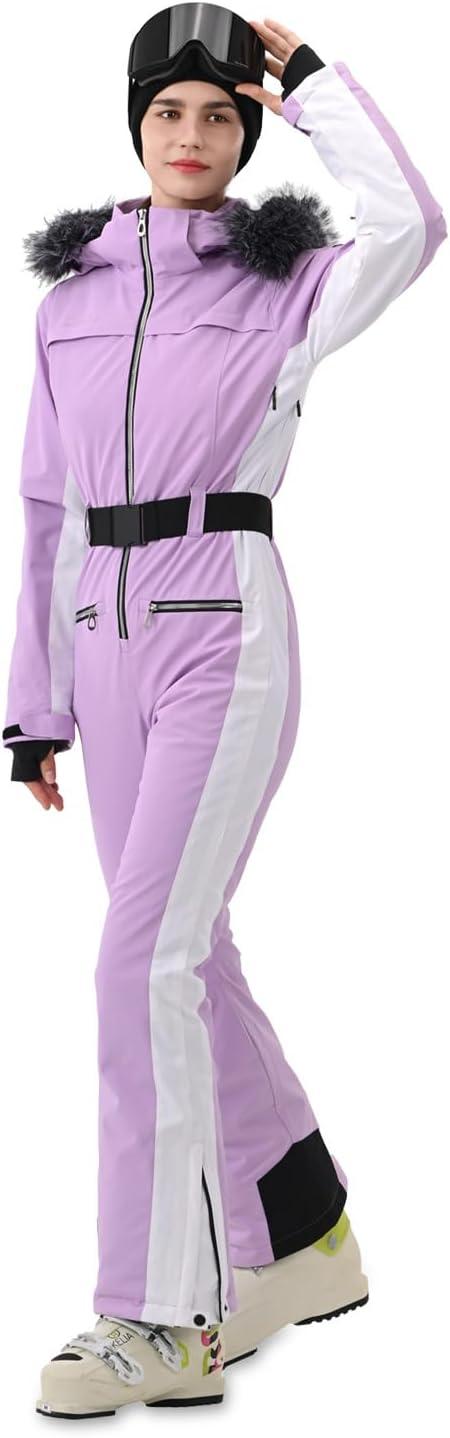 imageWomen Ski Suit One Piece Snow Jumpsuit Snow Stretchy Outfit Snowboard Onesie Insulated Waterproof Winter WarmPurple White